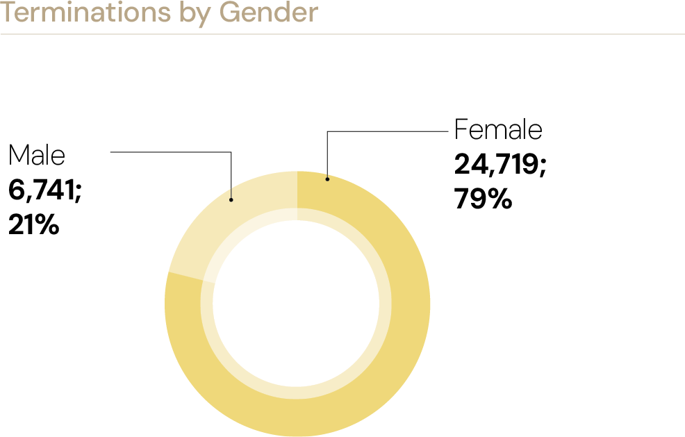 Terminations by Gender: Female 24,719 (79%), Male 6,741 (21%)