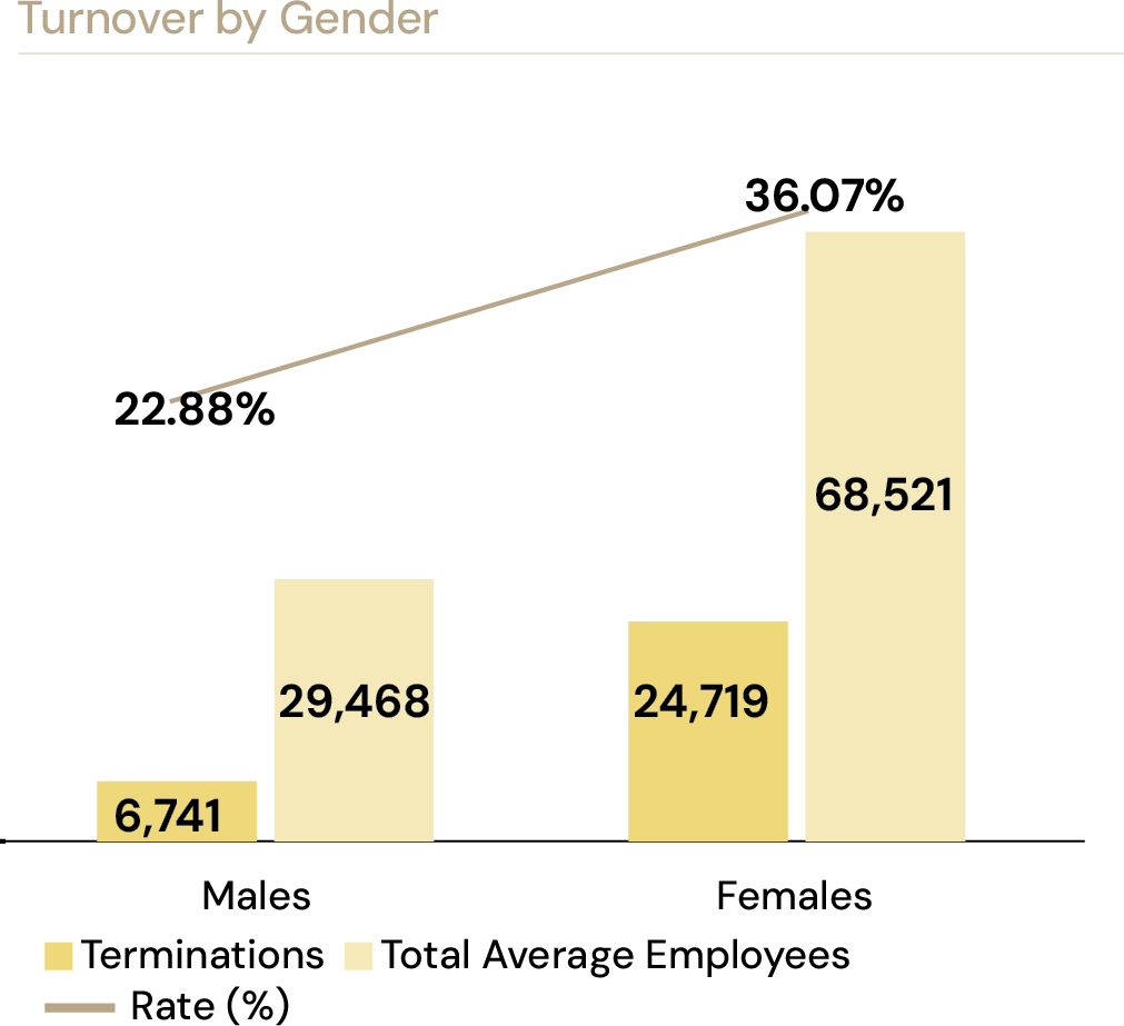 Turnover by Gender — terminations Males / Females against total average employees, with turnover rate