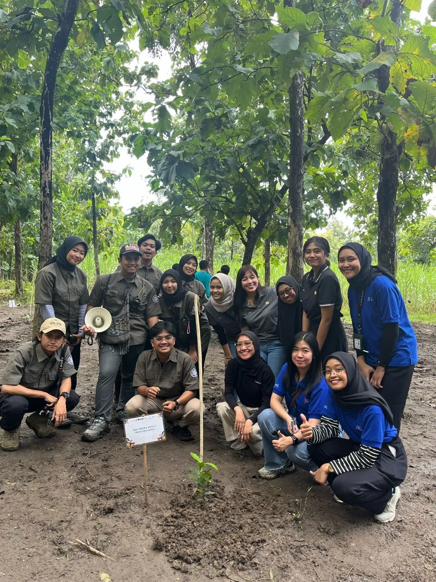 A field team of around nine people standing at a freshly planted forest plot in Central Java
